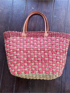 Womens Woven Tote Bag Pink & Beige with Brown Leather Double Handles
